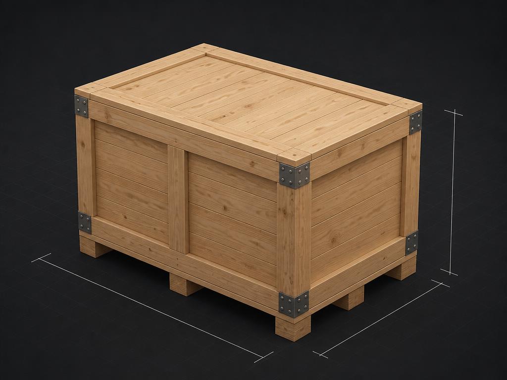Geschlossene Holzkiste aus Vollholzbrettern auf Transportkufen