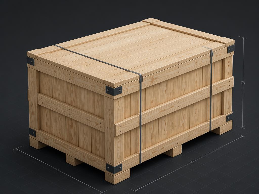 Offene Transportkiste mit schwerem Holzrahmen und Diagonalverstrebungen