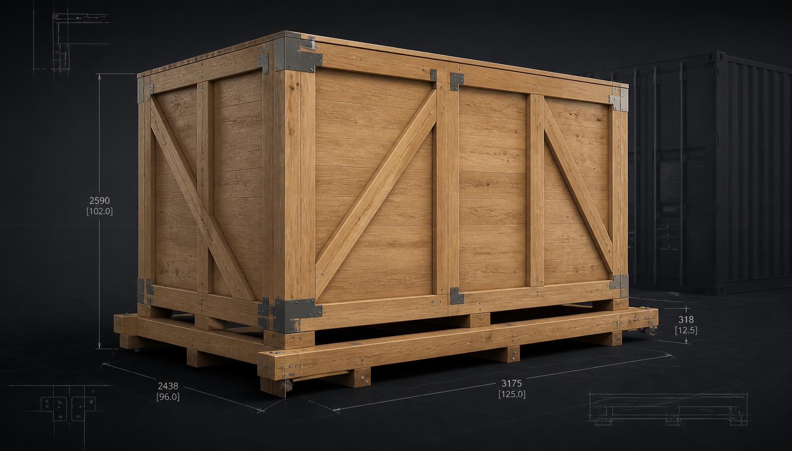 Technische Darstellung einer industriellen Exportkiste auf einem Transportboden vor dunklem Container-Umfeld