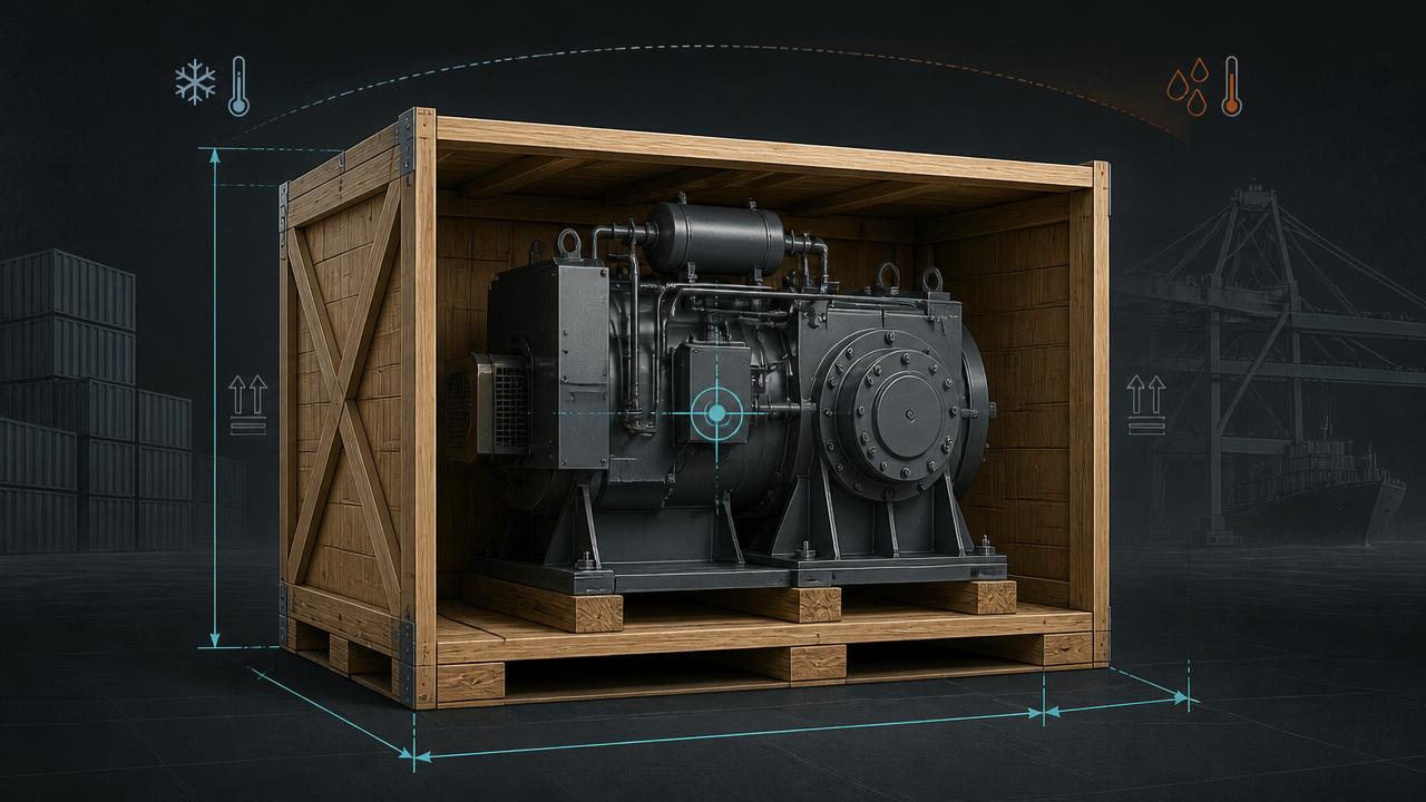 Industriemaschine auf einem Transportboden in einer geschlossenen Exportkiste mit abgenommener Seitenwand, dahinter stilisierte Container- und Terminalsilhouetten, mit Maßlinien und Schwerpunktmarker